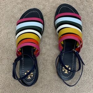 Tory Burch leather multi color strappy flat sandals